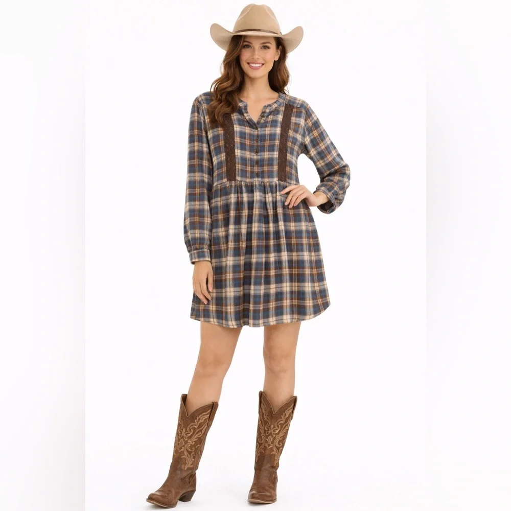 Wrangler‎ Size Medium Women's Blue and Brown Plaid Crochet Button-Up Tunic Dress